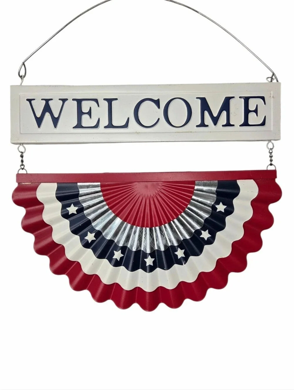 Patriotic Welcome Metal Hanging Bunting Sign Wall Decor Red White Blue
